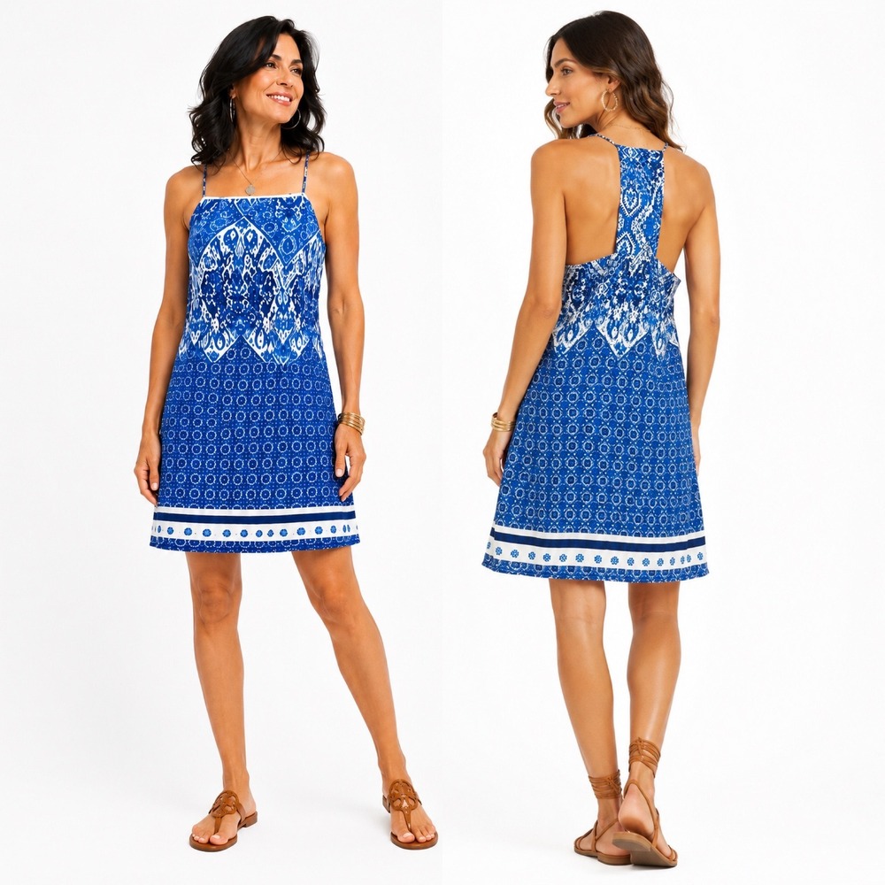 Skies are Blue Shift Dress Blue Ikat Tile Print T-Back Mini Pockets